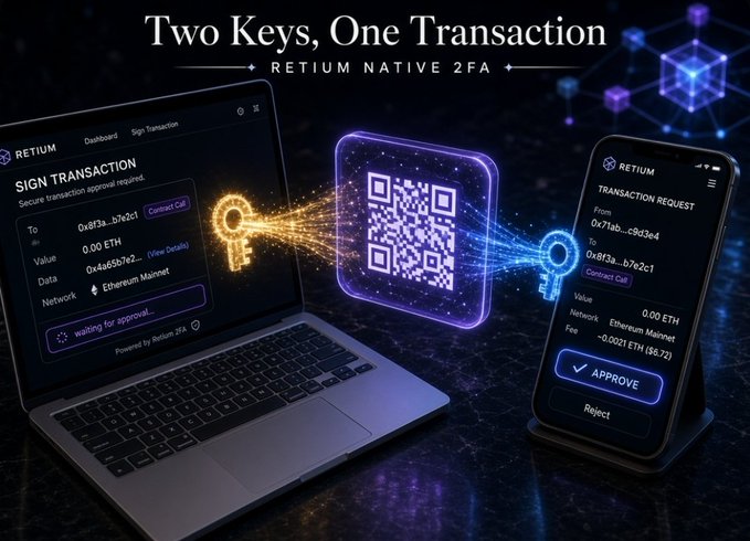 A promotional graphic for RETIUM's Native 2FA titled "Two Keys, One Transaction," showing a laptop signing a crypto transaction connected via QR code to a mobile device for approval.