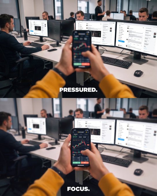 The image shows a split-frame view of a trader holding a smartphone displaying a candlestick chart in a bustling trading office with multiple monitors, contrasting the states labeled "PRESSURED." (top) and "FOCUS." (bottom). The visual reinforces the post's message by illustrating how shifting from a pressured mindset to a focused one—achieved through the precise analysis on the phone—transforms the trader's experience in the same high-intensity environment.
