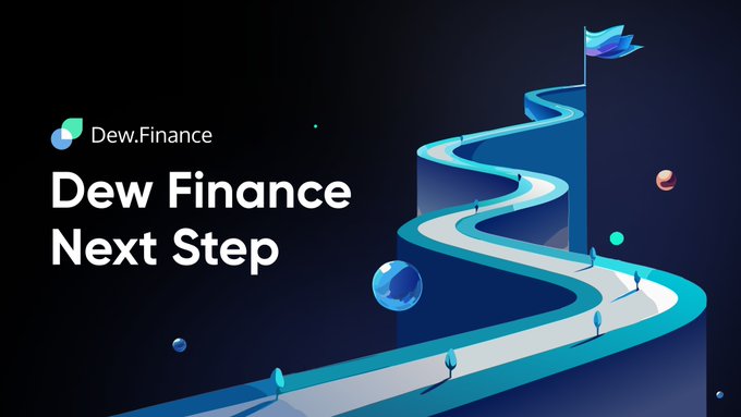 The image features a blue and white spiral staircase that leads up towards a flag at the top, with the words "DEW FINTANCE NEXT Step" written above it. The background of the image is black, which contrasts with the vibrant colors of the staircase and flag.