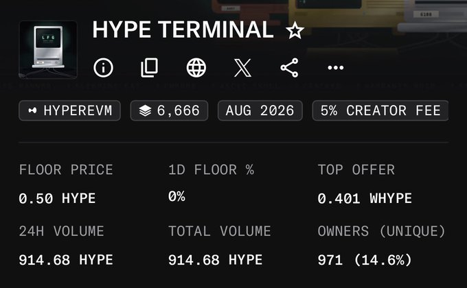 A cryptocurrency trading interface titled 'HYPE TERMINAL' displaying stats for a token, including 'HYPEREVM', '6,666', 'AUG 2026', '5% CREATOR FEE', a 'FLOOR PRICE' of '0.50 HYPE', and '24H VOLUME' of '914.68 HYPE'.