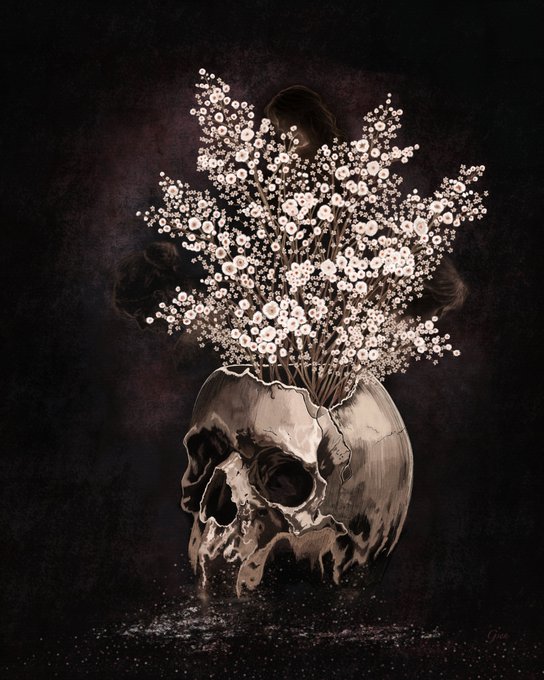 A dark, macabre illustration of a cracked human skull on a black background, with delicate white baby's breath flowers blooming out of the top of the skull in place of a brain.