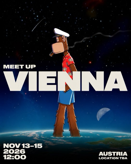 Promotional poster reading 'MEET UP VIENNA, NOV 13-15 2026 12:00, AUSTRIA LOCATION TBA,' featuring a cartoon sailor character smoking a cigar while standing on Earth against a starry space background.