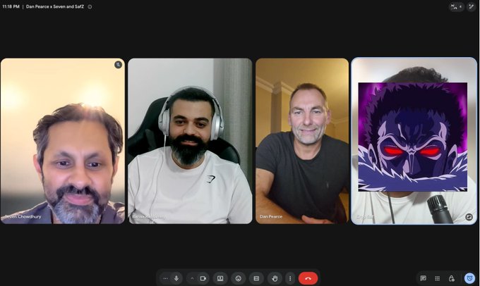 A four-person Google Meet video call screenshot titled "Dan Pearce x Seven and Saf2" shows participants including identified members "Arun Chowdhury," "Ash," and "Dan Pearce," while the fourth tile is covered by a dark-haired anime avatar with glowing red eyes. The call interface displays standard controls (mic, camera, share, etc.) at the bottom, capturing what appears to be a discussion featuring the contemporary artist Dan Pearce, known for creating works for celebrities like Harry Kane, Erling Haaland, and Anthony Joshua.