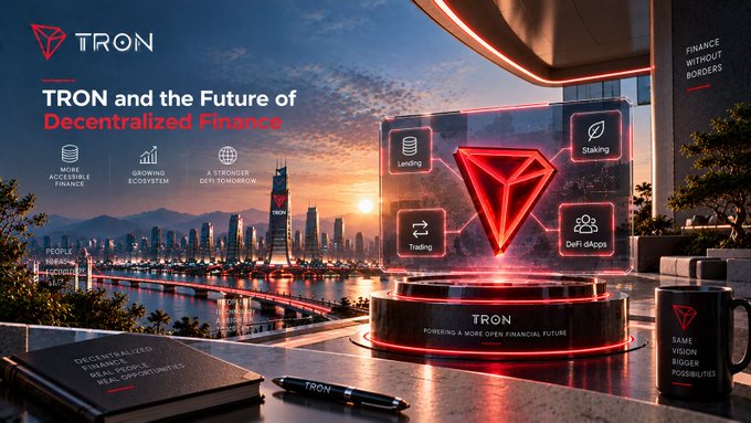 A stylized promotional graphic for TRON with the text 'TRON and the Future of Decentralized Finance,' showing a glowing red TRON diamond logo with features like Lending, Staking, Trading, and DeFi dApps over a city sunset background.