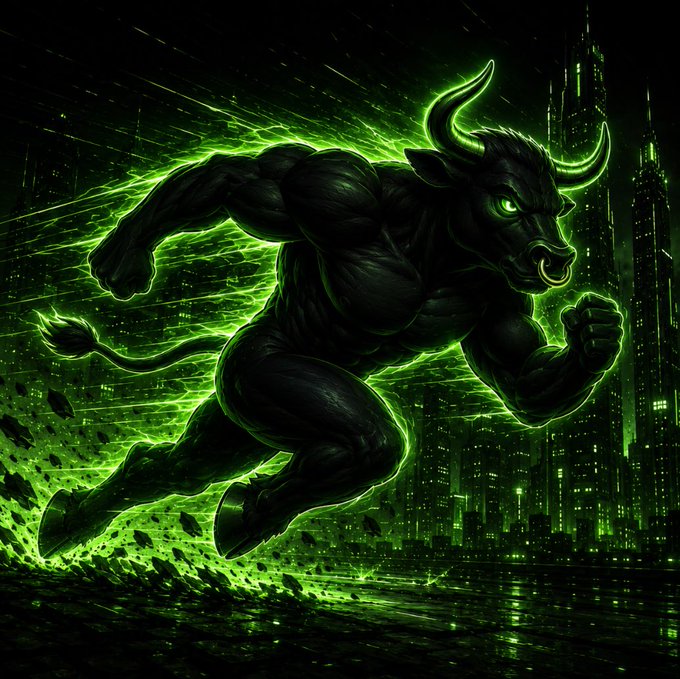 A powerful black bull with glowing green outlines charges through a dark cyberpunk cityscape, embodying the "$BULLRUN" meme as a symbol of aggressive market momentum.

The post includes the contract address "F5kZBss2PTCx7tF1NQjQJbTi6WaunkcaweBFZai7pump" and references Ansem.
