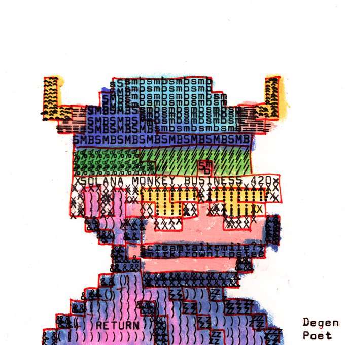 A pixelated, glitch-style ASCII art image in colorful blocks containing text like 'SMBSMBSMB', 'SOLANA MONKEY BUSINESS 420', 'deepeefriedstudio', 'LLL RETURN', and signed 'Degen Poet' in the corner.