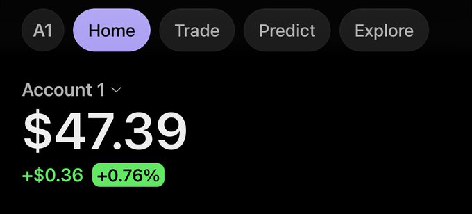 A trading account dashboard shows Account 1 with a balance of $47.39, up $0.36 (+0.76%), with navigation tabs for Home, Trade, Predict, and Explore. The image illustrates progress toward the "$50 to two people" giveaway, demonstrating the account's growth nearly reaching the $50 milestone.