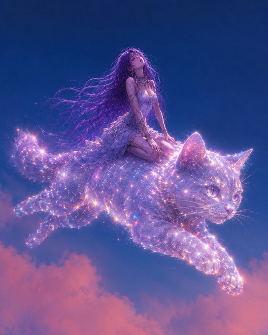 A woman with flowing purple hair rides a glowing, star-speckled cat through a dreamy twilight sky, casting her gaze upward. The celestial, magical scene captures the upbeat, wishful spirit of a "happy Tuesday" greeting, blending fantasy wonder with the optimistic morning request.