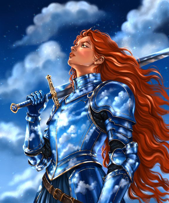A digital fantasy illustration of a red-haired woman in gleaming blue armor holding a sword over her shoulder, looking upward against a starry sky with billowing clouds.