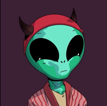 A digital illustration of a cartoon alien character with green skin, large black eyes, small horns, and a red bandana, wearing a striped shirt and jacket against a dark purple background.