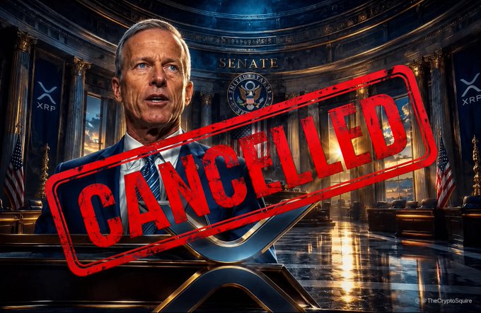 The image shows Senate Majority Leader John Thune overlaid with a large red "CANCELLED" stamp across the center, set against the backdrop of the Senate chamber with XRP logos visible on banners, visually emphasizing that the CLARITY Act has been delayed or stalled despite the final draft being ready due to lacking 60 votes.