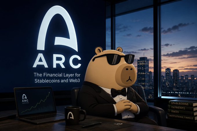 A promotional image for ARC, described as 'The Financial Layer for Stablecoins and Web3', featuring a cartoon bear in a tuxedo and sunglasses sitting at a desk with books titled 'Stablecoins', 'Payments', 'RWAs', and 'Institutional Finance'.