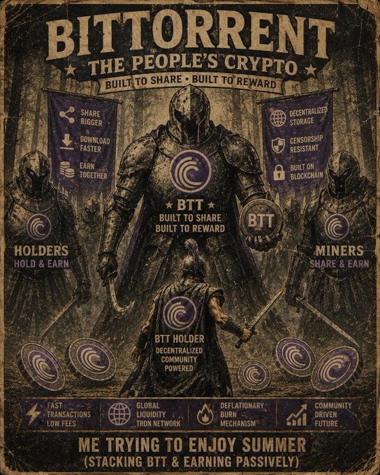 A vintage-style poster titled "BITTORRENT: THE PEOPLE'S CRYPTO" promotes the BTT token with messaging like "Share Bigger, Download Faster, Earn Together" alongside armored knight imagery, with the caption "Me trying to enjoy summer (stacking BTT & earning passively)" tying the heroic community-driven theme to passive crypto holding.