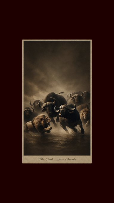 A dark, dramatic illustration of buffalo and lions charging through dust, captioned 'The Circle Never Breaks' in an ornate bordered frame.