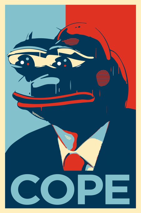 A 'COPE' meme poster in the style of Shepard Fairey's 'Hope' poster, depicting the crying Pepe the Frog character in a suit and red tie.