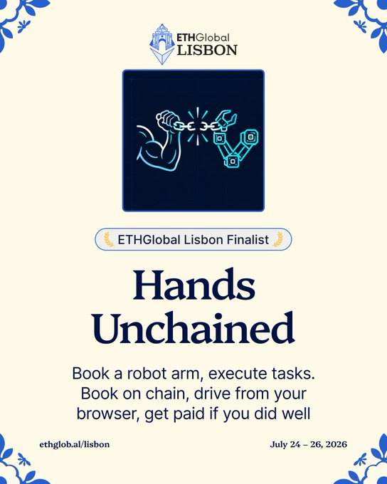 The image shown is a promotional graphic for the ETHGlobal Lisbon Finalist event. It features a central dark blue square logo depicting a human hand integrated with robotic arms against a light yellow background embellished with blue floral designs. Bold text under the logo reads "Hands Unchained," with further details about booking a robot arm, executing tasks on-chain, browsing from your browser, and earning for good performance. The dates "July 24–26, 2026", the URL "ethglob.li/lisboa" at the bottom align with the mentioned event posting, creating visual consistency with the paperwork.