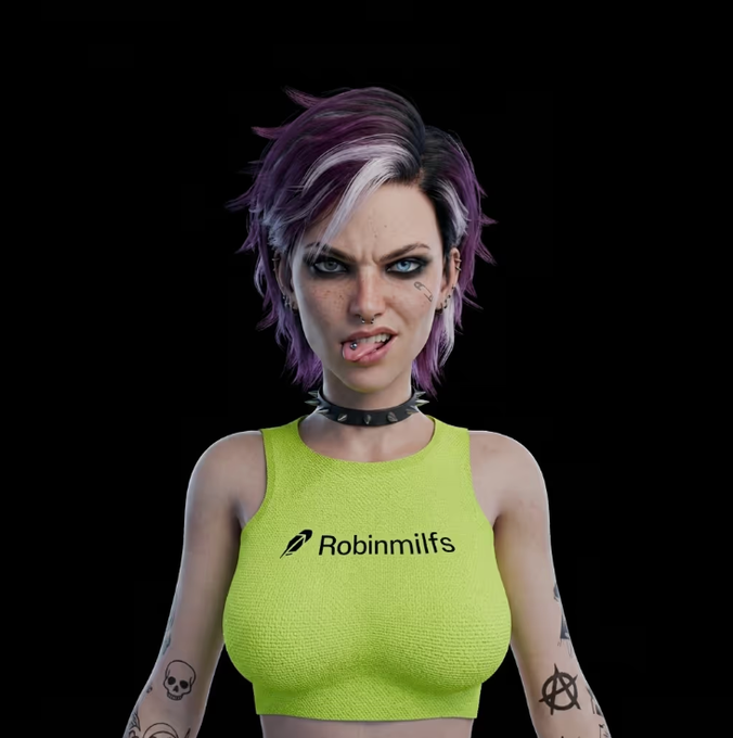 A stylized 3D-rendered female character with short purple hair, facial piercings, and tattoos—including a skull and anarchy symbol—sticks out her tongue while wearing a neon yellow crop top displaying the text "Robinmilfs" alongside a feather/leaf logo. The image directly promotes the @ROBINMILFSNFTS collection mentioned in the post, featuring a low-supply (333) NFT drop of edgy MILF characters created by @lofi_dreamz.