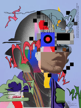 A chaotic, mixed-media style digital artwork featuring a pixelated human face overlaid with colorful abstract shapes, geometric patterns, and graffiti-like elements on a light blue background.