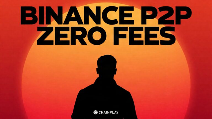 Graphic with text 'BINANCE P2P ZERO FEES' showing a silhouetted figure against a red sun background, branded with Chainplay.
