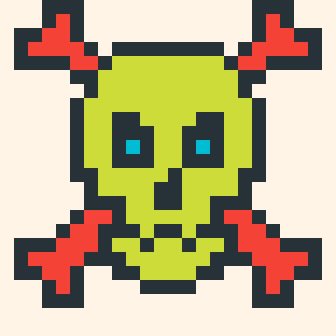 A pixel art illustration of a green skull with blue eyes on a beige background, flanked by four red crossbones.