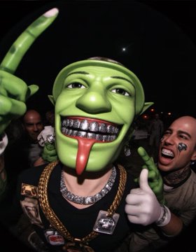 A person wearing an oversized "Mask On" green cartoon mask and gold chain gives a thumbs-up, flanked by a tattooed man pointing at the camera, matching the post's bold, confrontational tone about sweeping NFT floors.