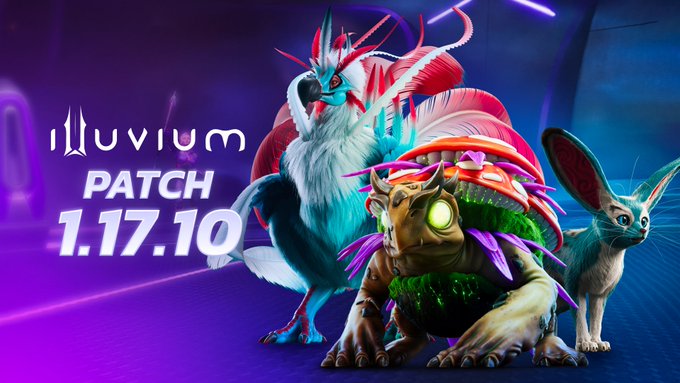 The image is a promotional banner for the Illuvium Patch 1.17.10, featuring three creatures from the game including a feline creature, a shark-like creature, and a turtle-like creature with a green horn. The accompanying text announces that the latest Illuvium: Arena Update 1.17.10 is live, bringing balance changes such as Stage 3 Lynx buffs and matchmaking tuning.
