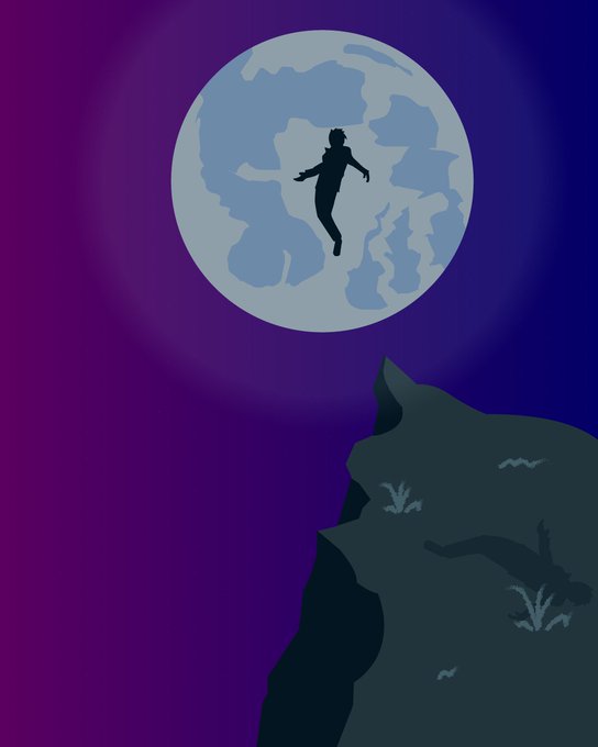 A digital illustration showing a silhouetted figure floating before a large blue moon against a deep purple background, with a cliff and bats in the foreground.