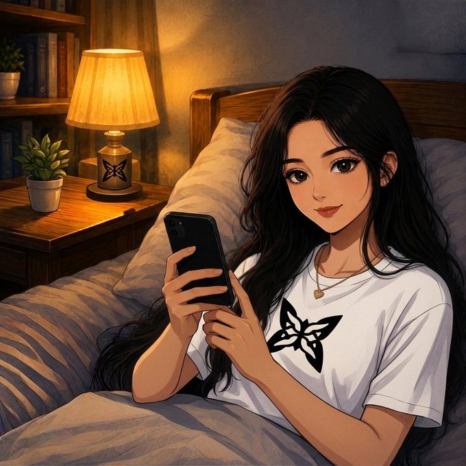 An anime-style illustration of a girl with long dark hair lying in bed, holding a smartphone, wearing a white t-shirt with a butterfly design, with a warmly lit lamp on a bedside table in the background.