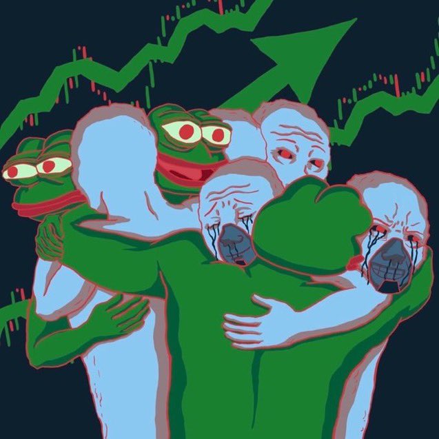 A surreal digital illustration featuring blue humanoid figures embracing green Pepe the Frog-like characters, set against a dark background with a green upward-pointing stock chart arrow.