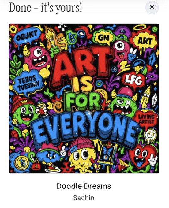 The image features a vibrant poster with a variety of colorful illustrations, including cartoon characters such as a red clown, blue fish, yellow bird, green frog, purple unicorn, pink elephant, orange dog, and blue cat. The poster also includes text elements like "DONE! IT'S YOURS!", "ART IS FOR EVERYONE!", and "DOODLE DREAMS". The poster is displayed on a computer screen with the caption "Just collected a fabulous vibe from @livingarts_eth".