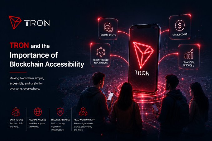 A promotional graphic for TRON blockchain titled 'TRON and the Importance of Blockchain Accessibility,' featuring its red logo and highlighting features like Digital Assets, Stablecoins, Decentralized Applications, and Financial Services, with key points including 'Easy to Use,' 'Global Access,' 'Secure & Reliable,' and 'Real-World Utility.'