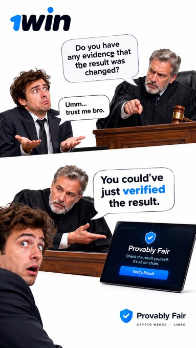 A 1win advertisement meme shows a courtroom scene where a judge asks "Do you have any evidence that the result was changed?" and the man replies "Umm... trust me bro," followed by "You could've just verified the result," highlighting the "Provably Fair" feature for Crypto Merge Limbo.