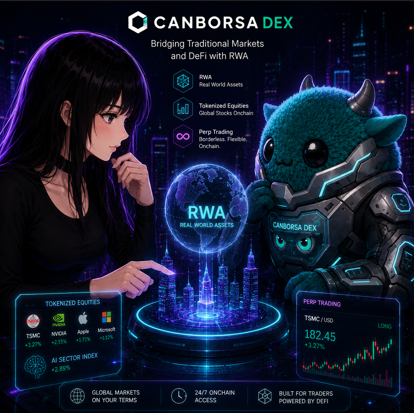 Promotional graphic for CANBORSA DEX, a decentralized exchange bridging traditional markets with RWA (Real World Assets) via tokenized equities like TSMC, NVDA, AAPL, GOOG, and AMZN on the Sei blockchain, featuring an anime-style woman and a teal armored mascot.