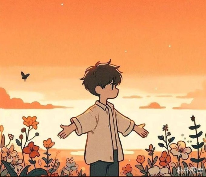 An illustration of a young boy in a white shirt standing with arms outstretched among flowers against an orange sunset sky, with a butterfly and the watermark '朴朴图库' visible.