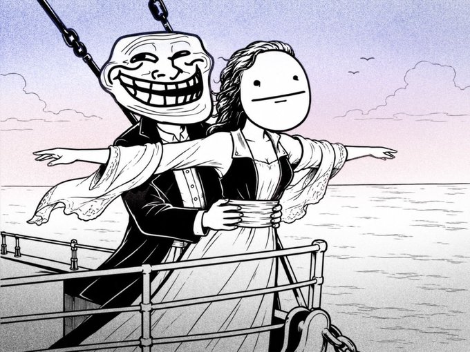 An illustration combining the 'Titanic' pose scene with the troll face meme, where one figure has the grinning troll face and the other has the classic simple line-drawn face.