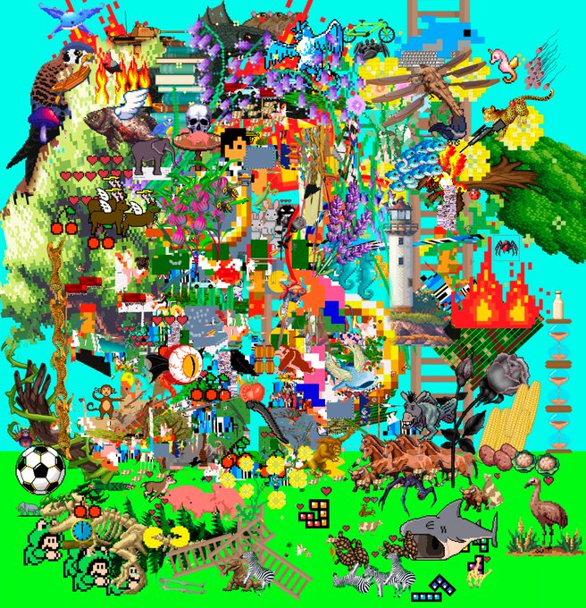 A chaotic pixel art collage featuring dozens of video game sprites, animals, landscapes, and objects crammed together on a turquoise and green background.