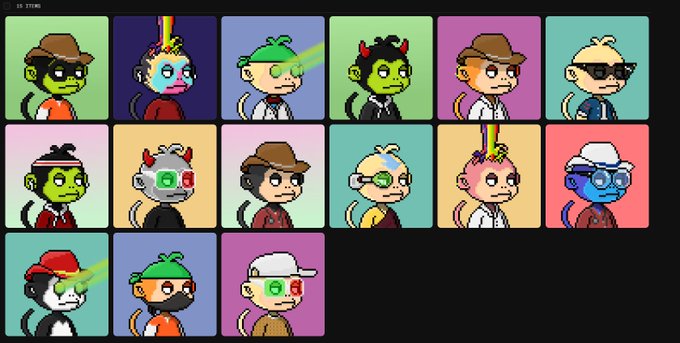 A grid displaying various cartoon-style avatars or characters with different hairstyles, hats, and colors, arranged in rows on brightly colored square backgrounds.