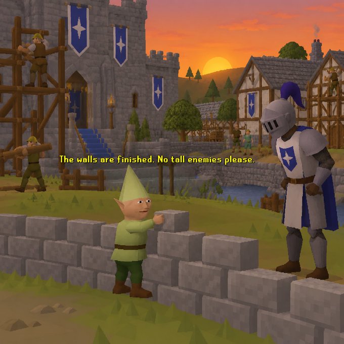 A video game screenshot showing a small green gnome-like character pointing at a tall knight in silver armor next to a stone wall, with the subtitle 'The walls are finished. No tall enemies please.'
