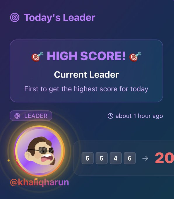 A "Today's Leader" leaderboard screen celebrates @khalidharun as the first to roll a high score of 20 (5-5-4-6) about an hour ago, visually reinforcing the post's challenge to "beat today's score of 20" in the daily dice game on dice.blocksforge.com for a chance to win 2000 $XPR.