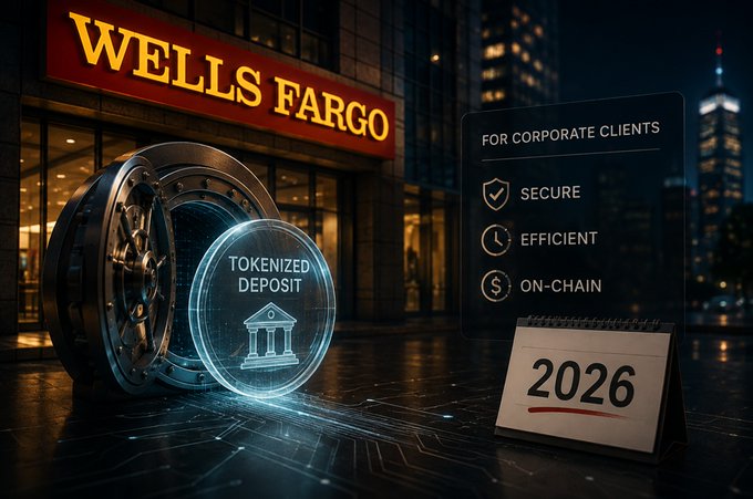 A promotional image for Wells Fargo showing a 'Tokenized Deposit' vault on a city street, with a panel listing 'SECURE', 'EFFICIENT', 'ON-CHAIN' for corporate clients, and a calendar displaying '2026'.