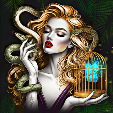 Fantasy-style digital illustration of a woman with flowing red hair holding a golden birdcage with a blue butterfly inside, surrounded by green snakes.