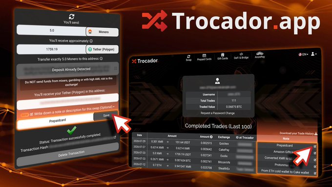 A promotional image for the cryptocurrency exchange service 'Trocador.app,' showing screenshots of a successful Monero to Tether exchange transaction and completed trades history with red arrows pointing to key features.