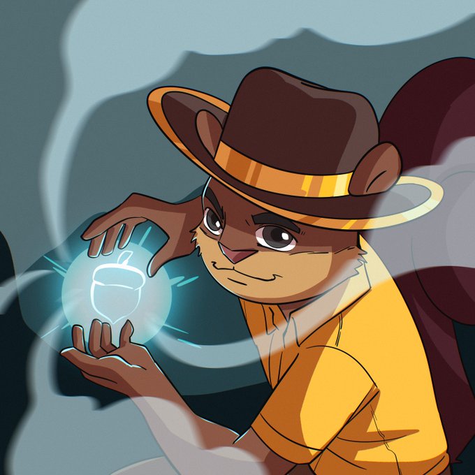Digital illustration of a bear-like anthropomorphic character wearing a brown hat and yellow shirt, holding a glowing blue orb containing an acorn symbol.