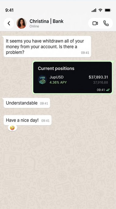 A chat conversation with a bank representative named Christina where the user has withdrawn all funds, now holding $37,893.31 in a JupUSD position earning 4.36% APY, with the user responding 'Understandable' and 'Have a nice day!'
