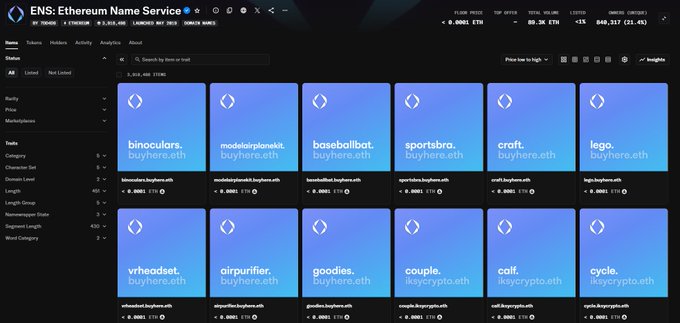 A computer screen displays an array of blue and white square boxes arranged horizontally, each with a unique title such as "BinanceService", " etherum name service", or "sports bot" among others. These boxes are displayed in a grid format on the screen, possibly showing different services available for download or purchase on an Ethereum platform named "moonboy.eth". The image also mentions that half of everyone has stopped paying to renew these services, making the scene appear as if there's been a significant drop in usage.