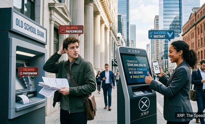A frustrated man holds paperwork at an "Old School Bank" ATM marked "Delayed Paperwork," while a confident woman completes a $500,000,000 transfer in 3 seconds via an "XRP" kiosk labeled "Success Instant" and "Eagle Fast," visually contrasting the slow inefficiency of traditional banking with the rapid speed of XRP transactions.