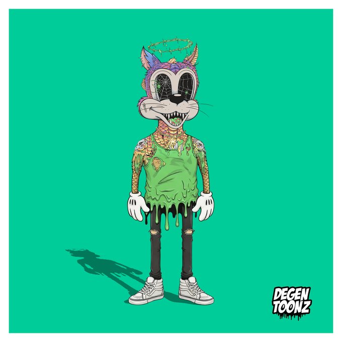 An illustration of a cartoonish, zombie-like cat character with a halo, wearing a green shirt and ripped pants, branded as 'DEGEN TOONZ' on a teal background.