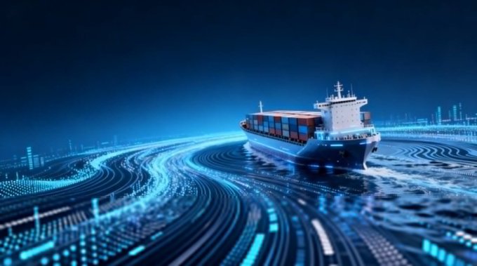 A digital illustration of a cargo container ship sailing on stylized, glowing blue digital waves with cityscapes in the background, representing global trade.