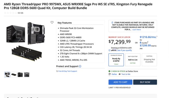 A product page for a high-end computer build bundle featuring AMD Ryzen Threadripper PRO 9975WX processor, priced at $7,299.99 with a listed monthly payment option of $1,216.66.