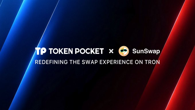 Promotional graphic announcing a partnership between TokenPocket and SunSwap, featuring the text "TP TOKEN POCKET × SunSwap" and the tagline "REDEFINING THE SWAP EXPERIENCE ON TRON" against a dramatic blue and red background.